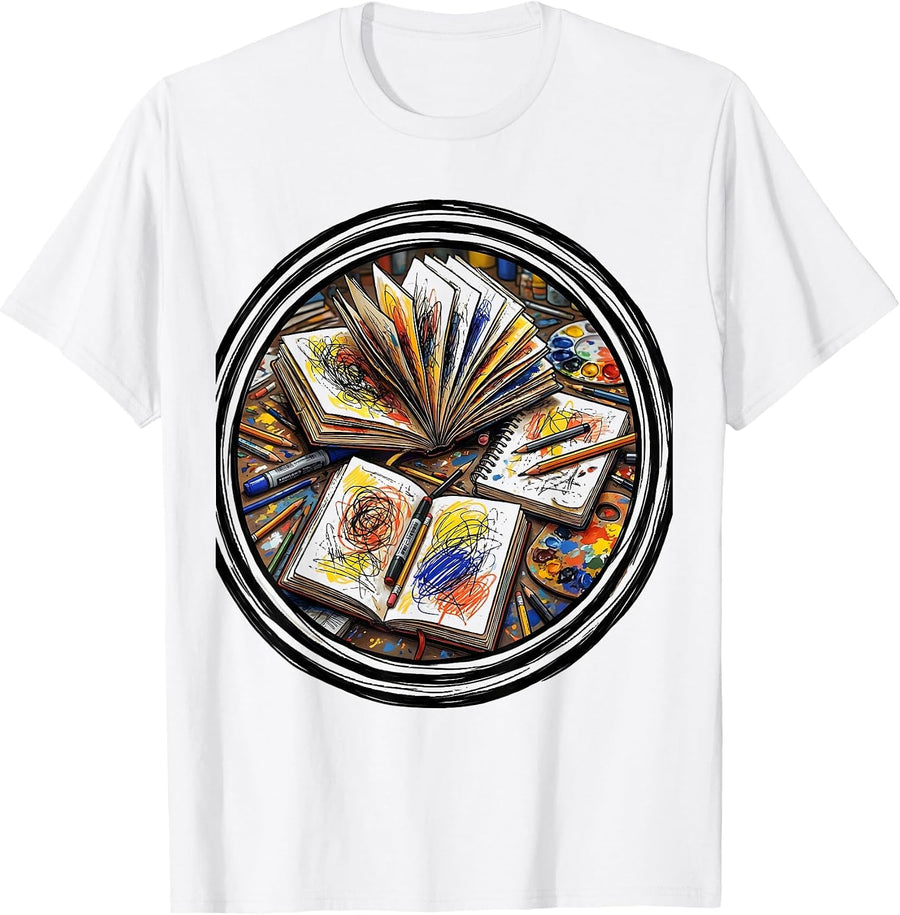 Men's Art Teacher Sketchbook Desk Illustration T-Shirt - White