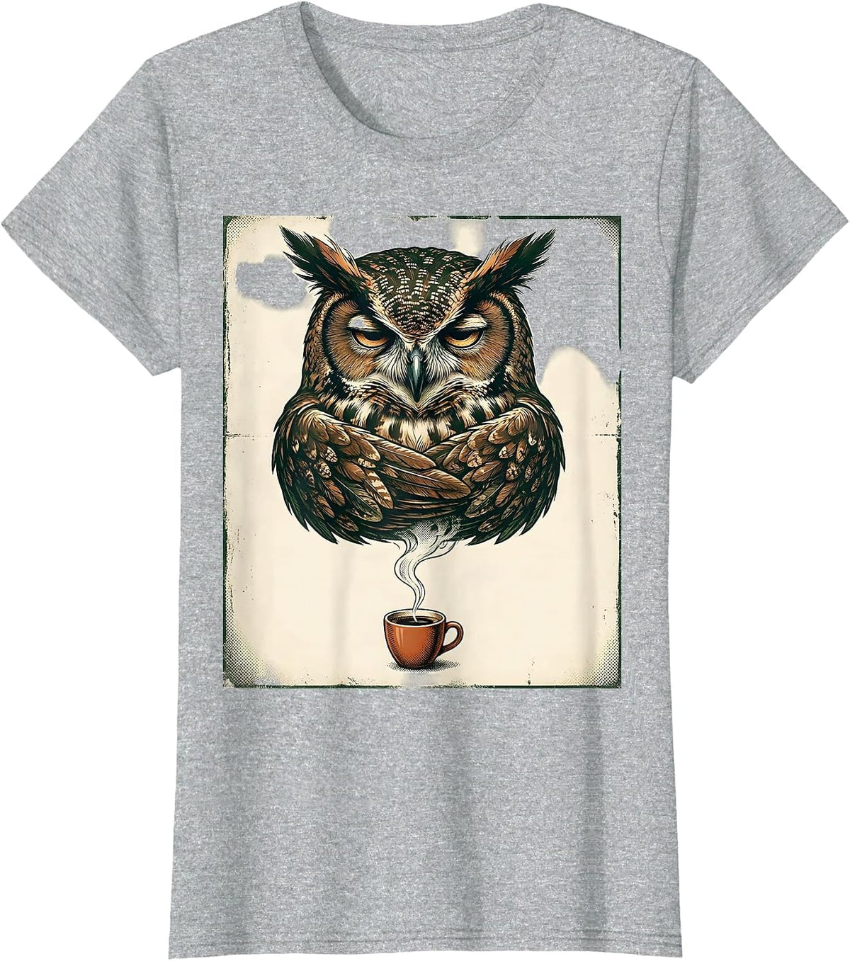 Slumped Owl Vintage Christian Coffee Humor Animal Mascot T-Shirt - Heather Grey
