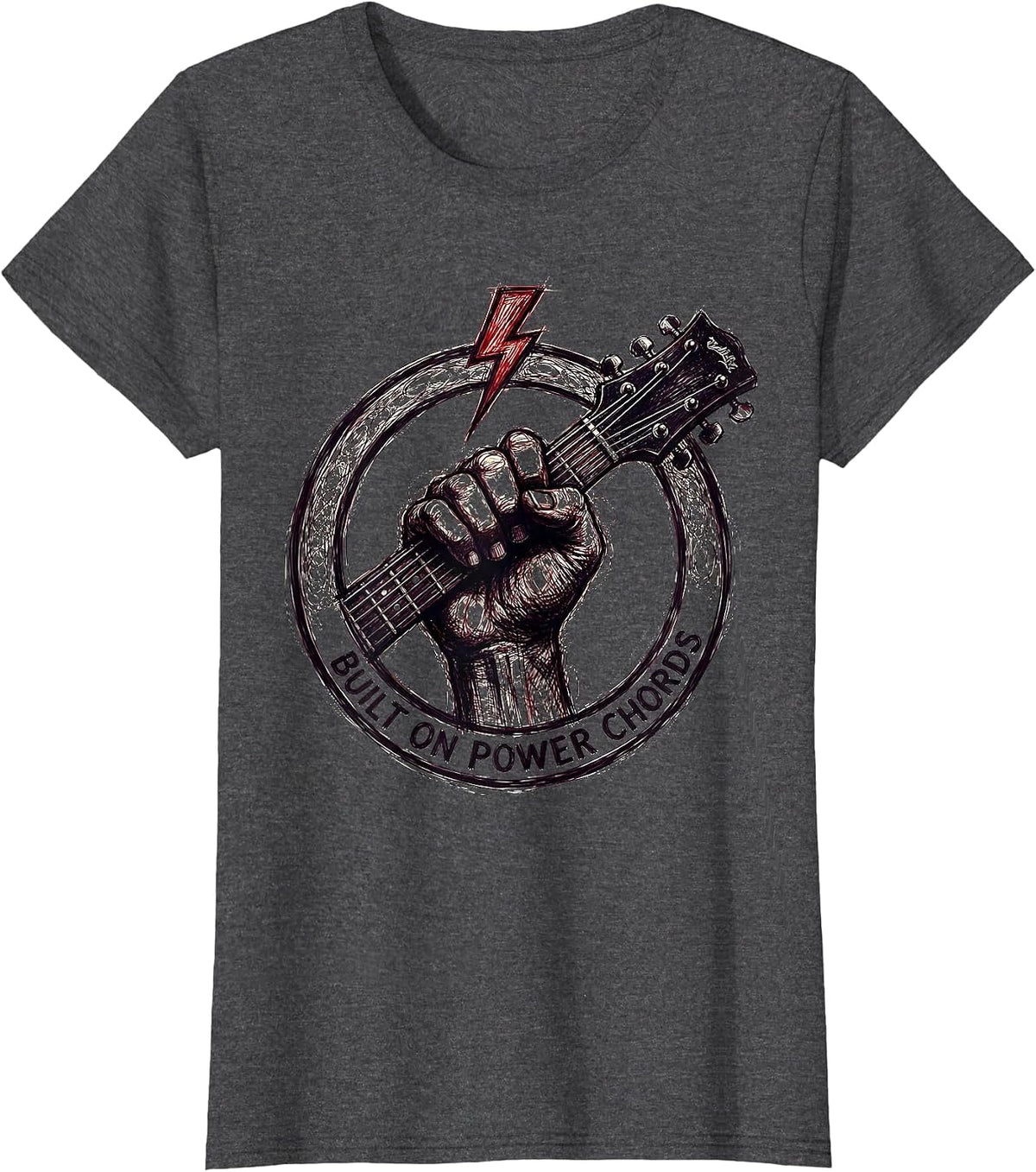 Women's Built on Power Chords Heavy Metal Guitar Design T-Shirt - Dark Heather Grey