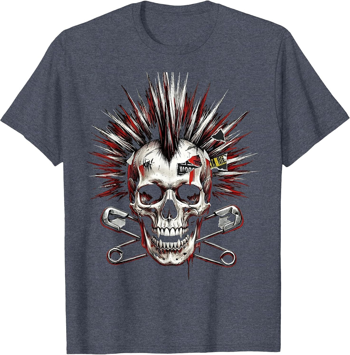 Mohawk Skull Crossed Safety Pins Punk Rock Design T-Shirt - Heather Blue
