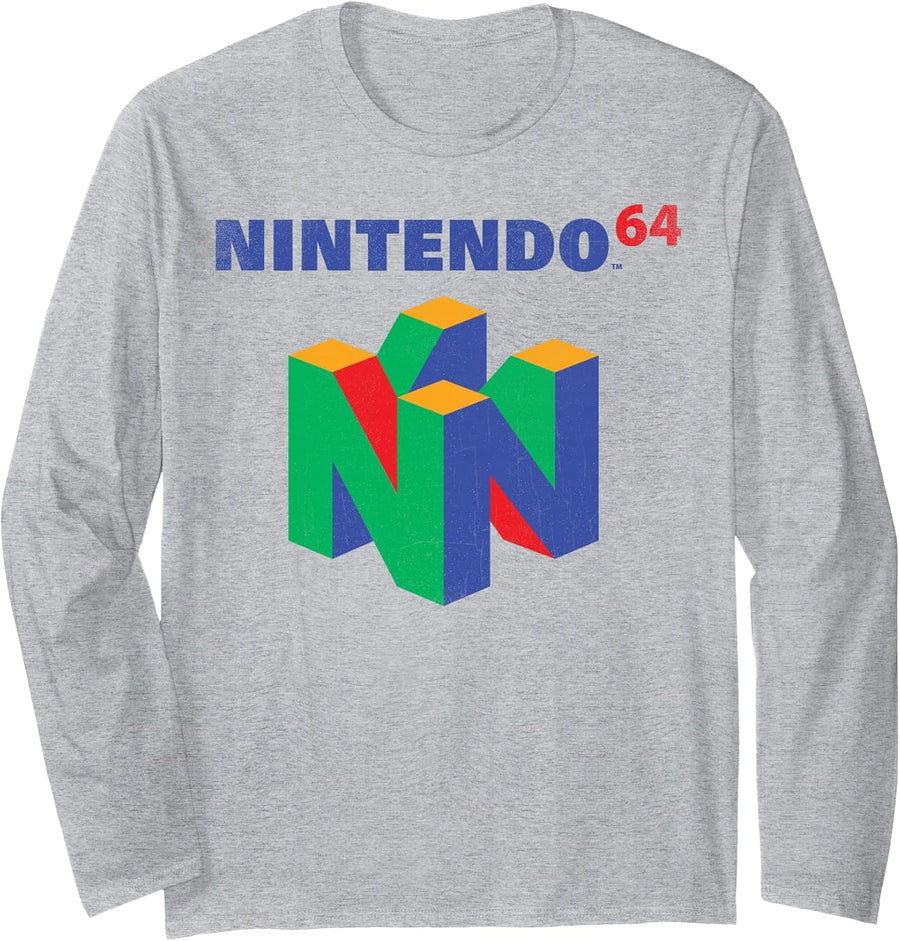 Nintendo 64 Classic Logo Retro Vintage Long Sleeve Tee Long Sleeve T-Shirt - Adult Unisex Heather Grey
