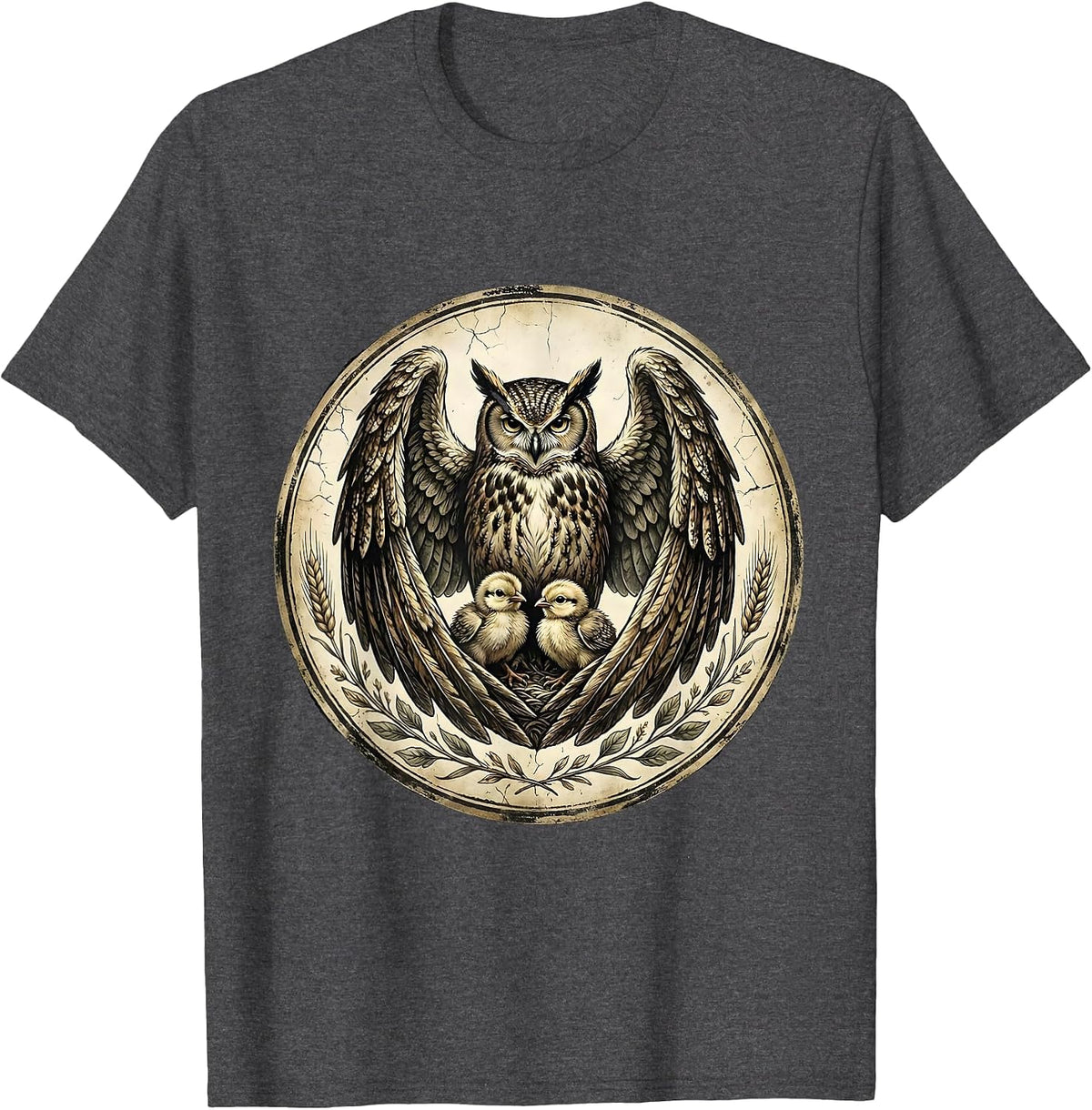 Protective Owl Spreading Wings Over Chicks T-Shirt - Dark Heather Grey