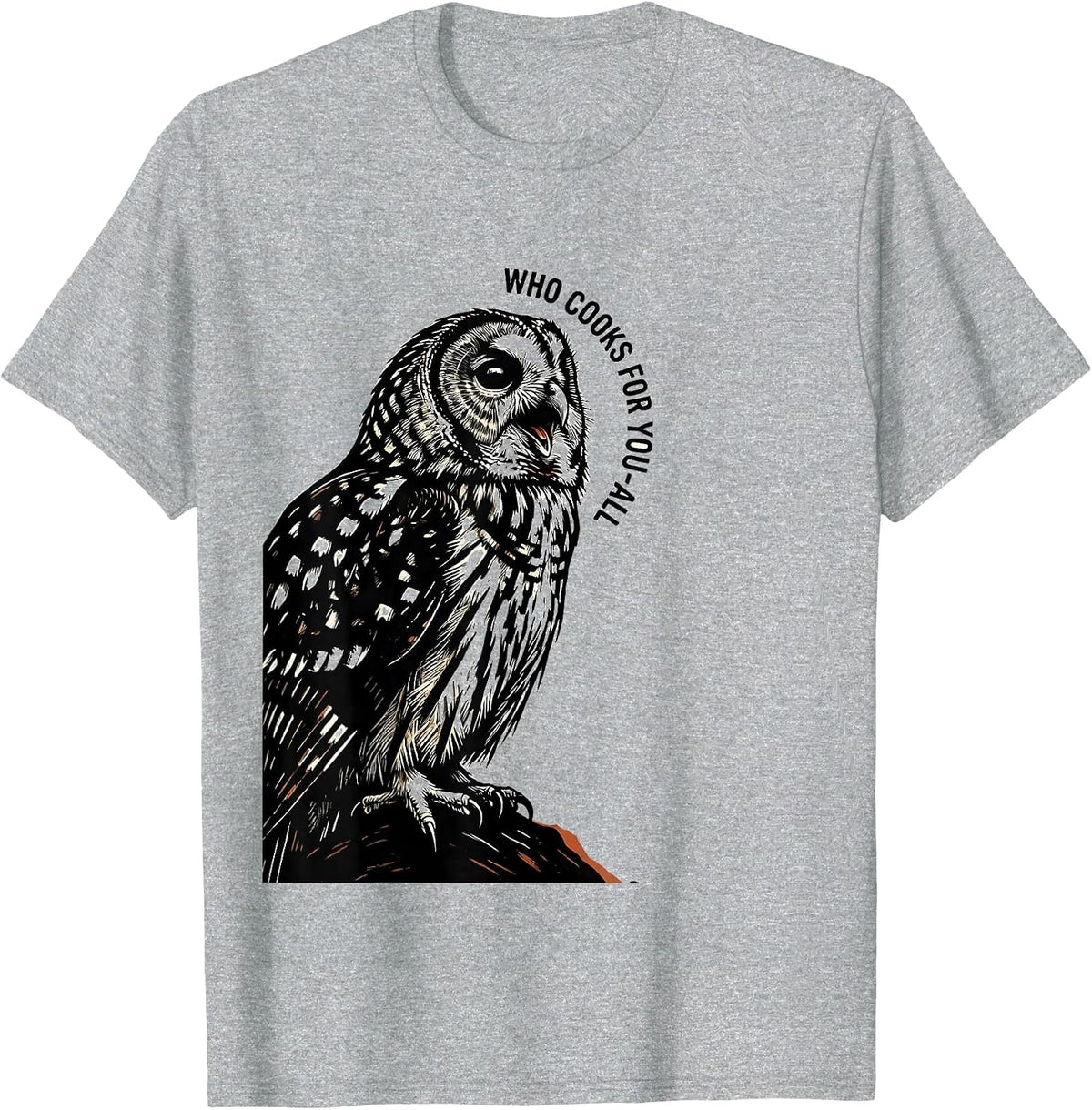 Men's Who Cooks For You-All Linocut Owl Lover Bird Enthusiast T-Shirt - Heather Grey