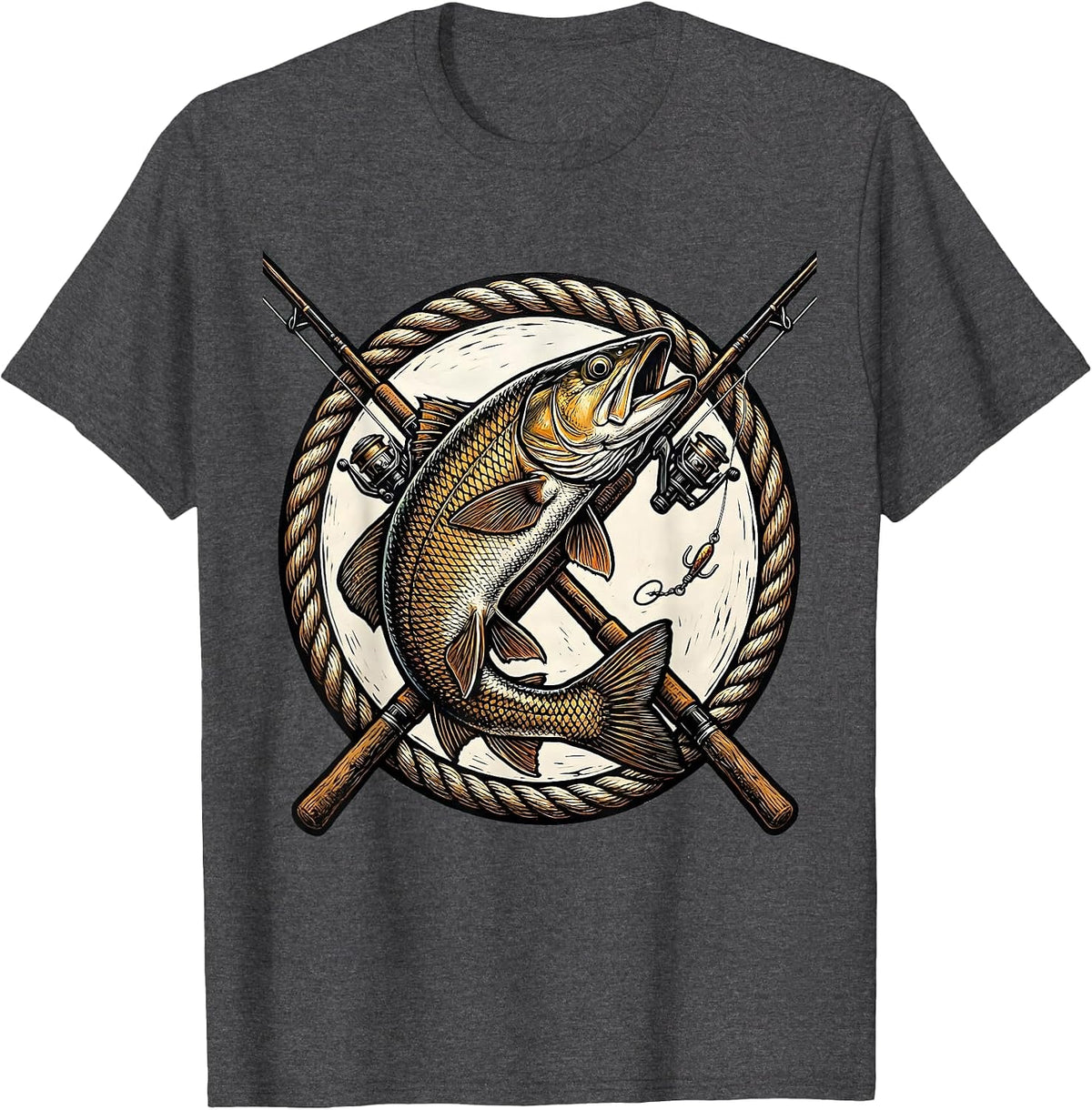Crossed Fishing Rods Leaping Trout Badge Design T-Shirt - Dark Heather Grey