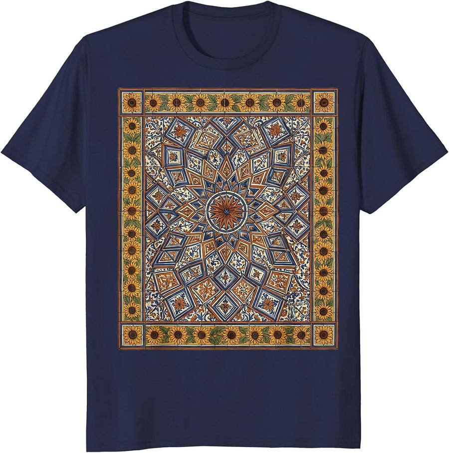Spanish Teacher Mosaic Tile Floor Art Design T-Shirt - Navy Blue