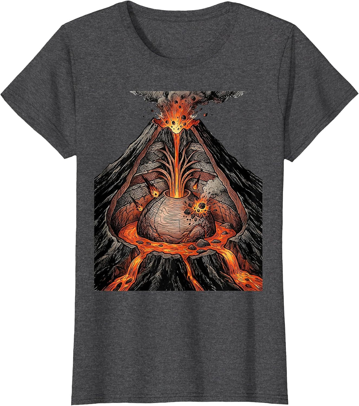 Women's Volcano Cross-Section Eruption Science Teacher T-Shirt - Dark Heather Grey