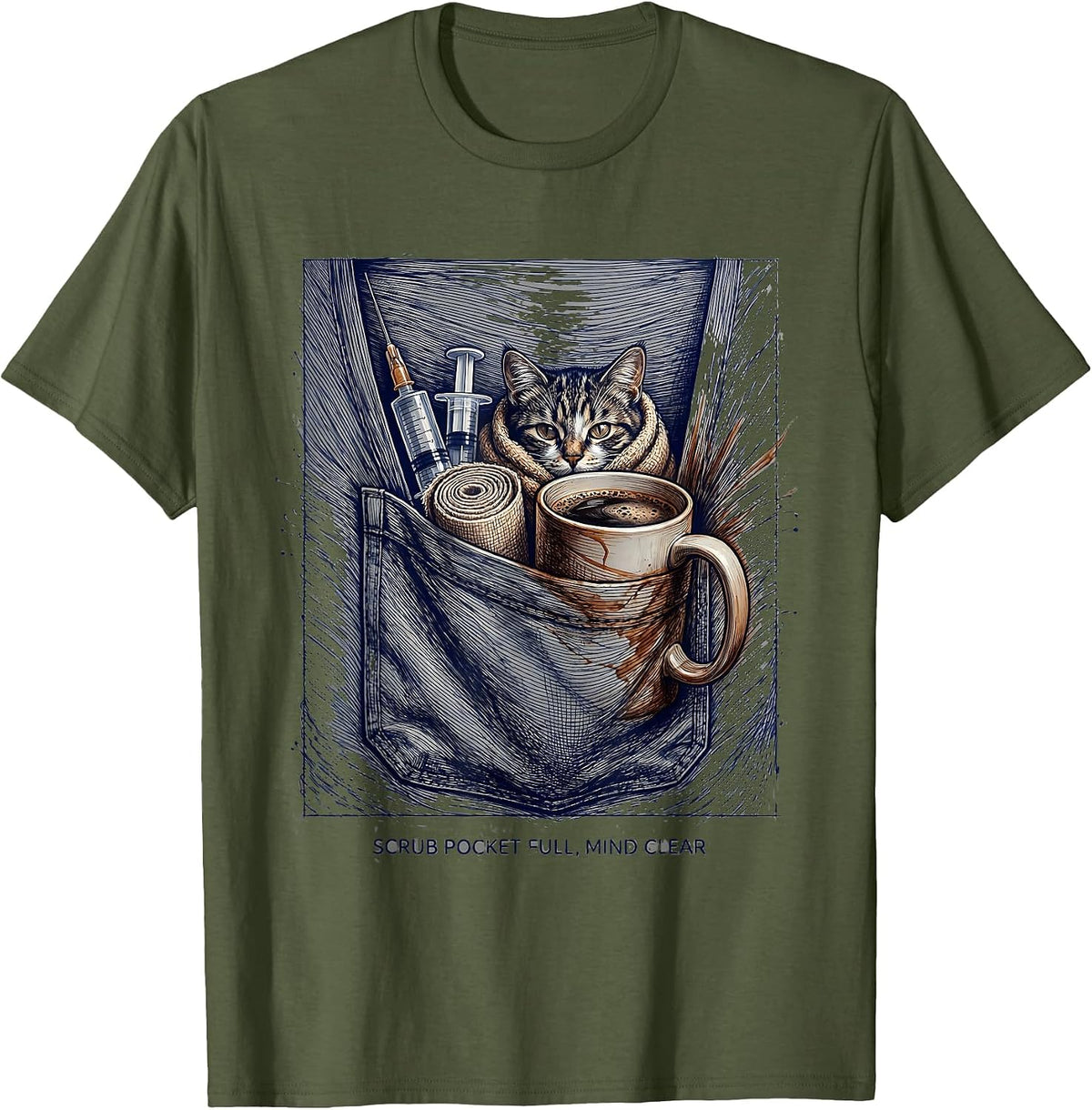 Scrub Pocket Full, Mind Clear Veterinary Technician Pet T-Shirt - Olive Green