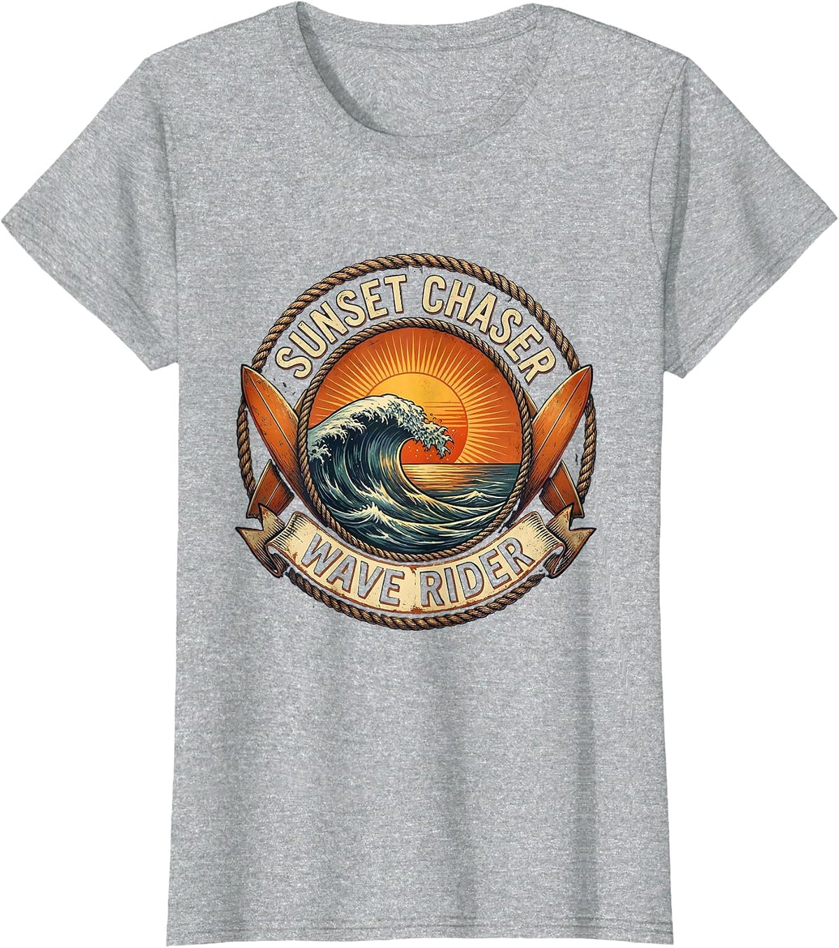 Sunset Chaser Wave Rider Hawaiian Design T-Shirt - Heather Grey