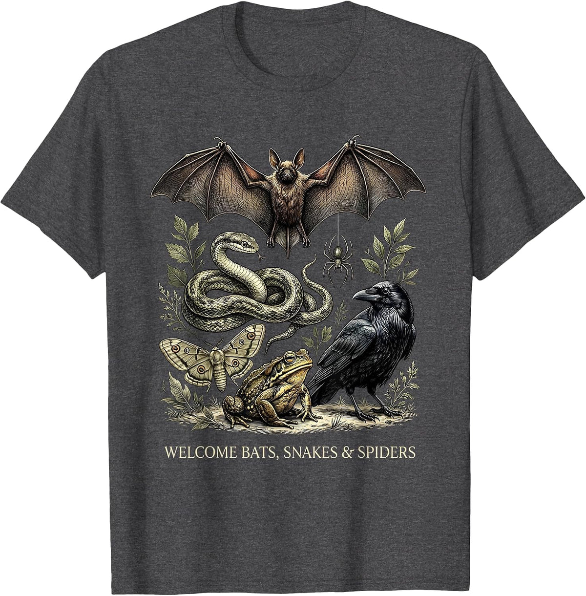 Men's Welcome Bats, Snakes & Spiders Gothic Nature Lover Animal T-Shirt - Dark Heather Grey