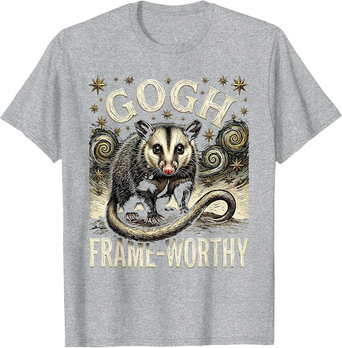 Men's Gogh, Frame-Worthy Woodcut Engraving Opossum Van Gogh Art T-Shirt - Heather Grey