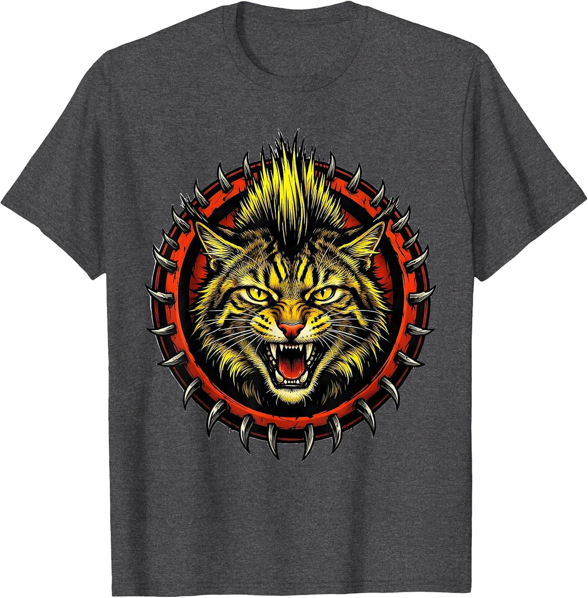 Neon Mohawk Wild Cat Punk Graphic Tee T-Shirt - Dark Heather Grey