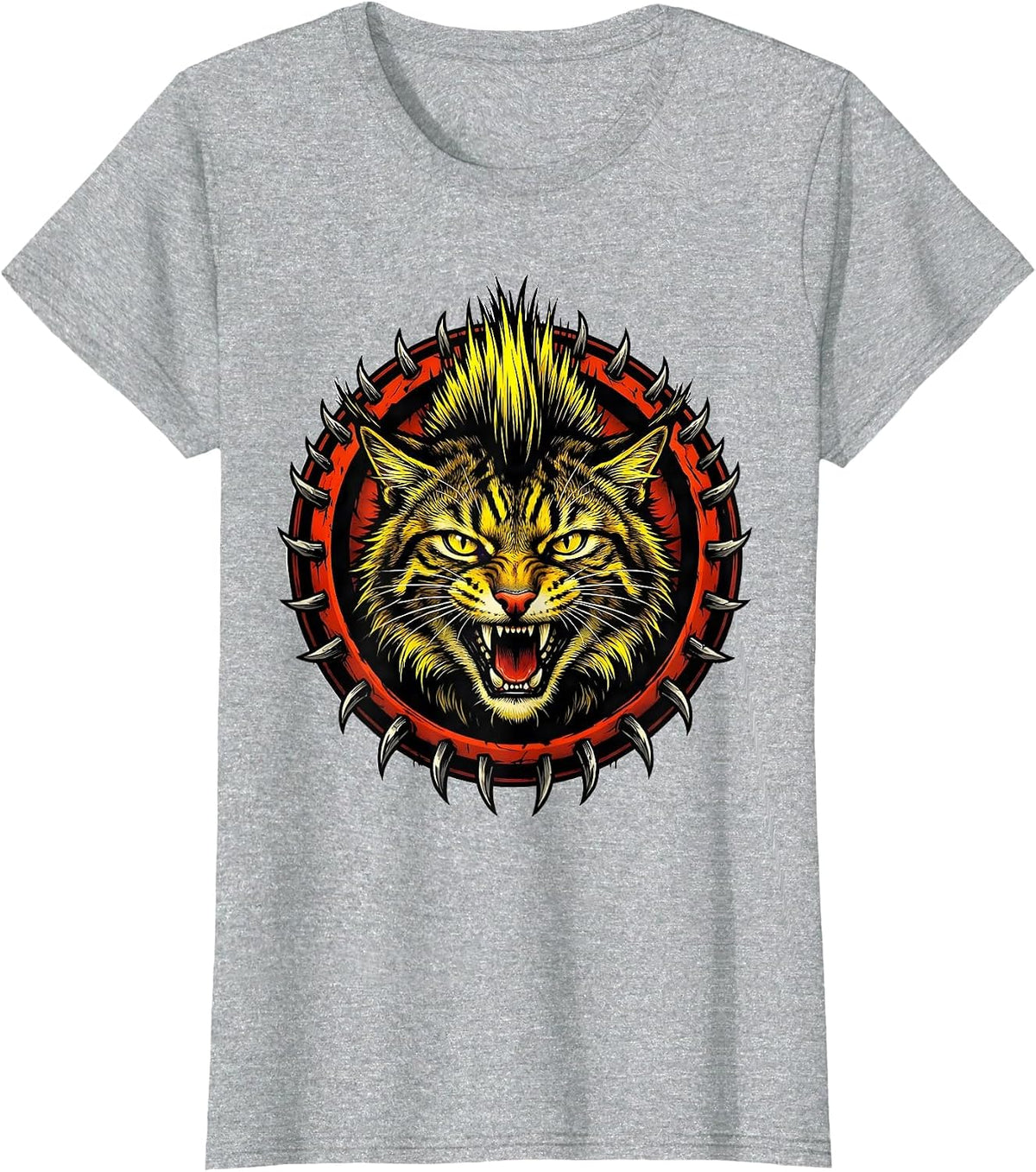 Neon Mohawk Wild Cat Punk Graphic Tee T-Shirt - Heather Grey