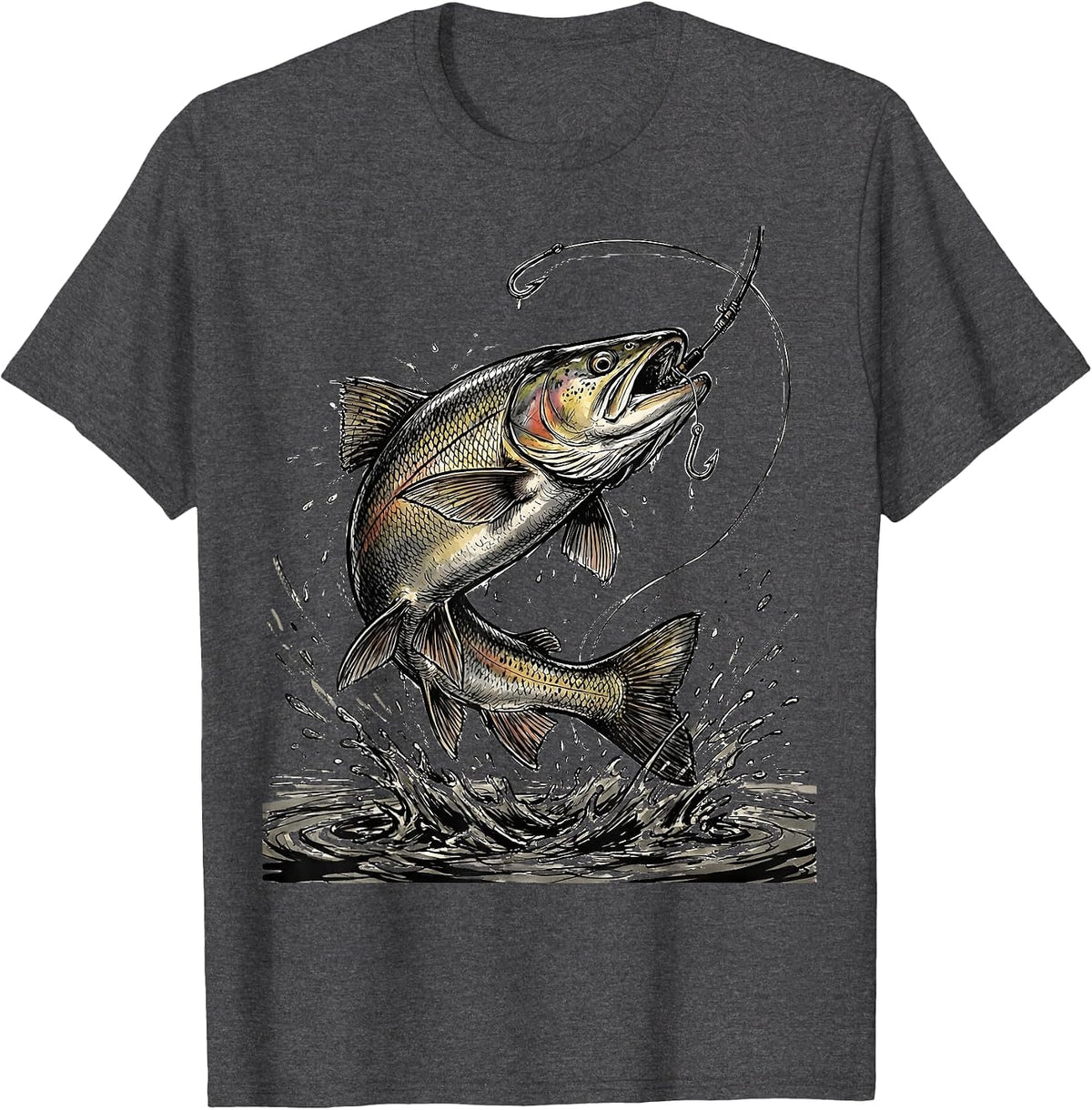 Hooked Trout Mid-Air Over River Fishing Design T-Shirt - Dark Heather Grey