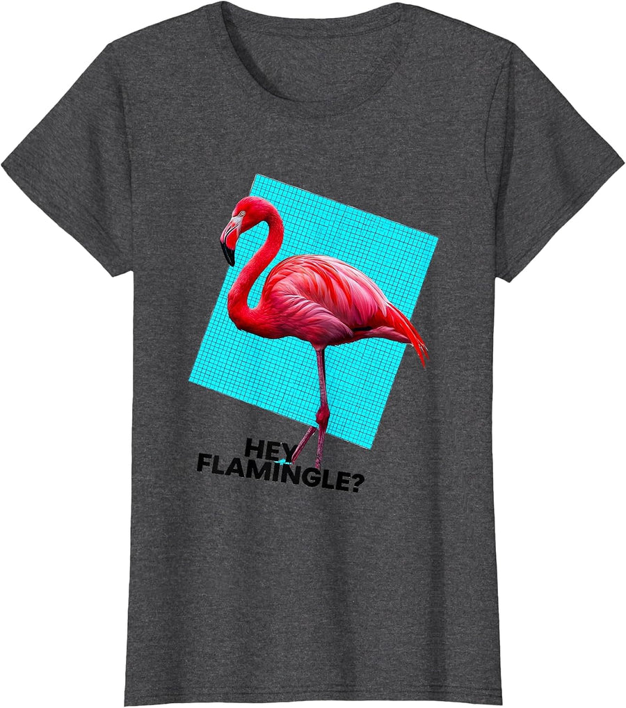 Women's Hey, Flamingle? Funny Flamingo Lover Novelty Gift T-Shirt - Dark Heather Grey