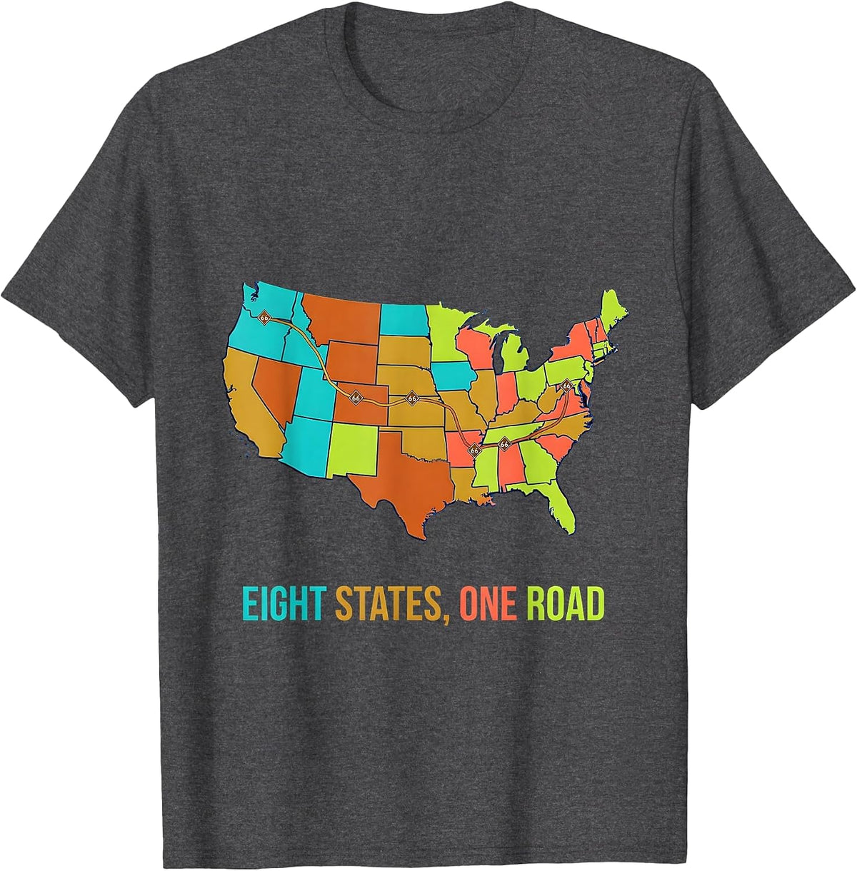 Eight States, One Road Route 66 Design T-Shirt - Dark Heather Grey