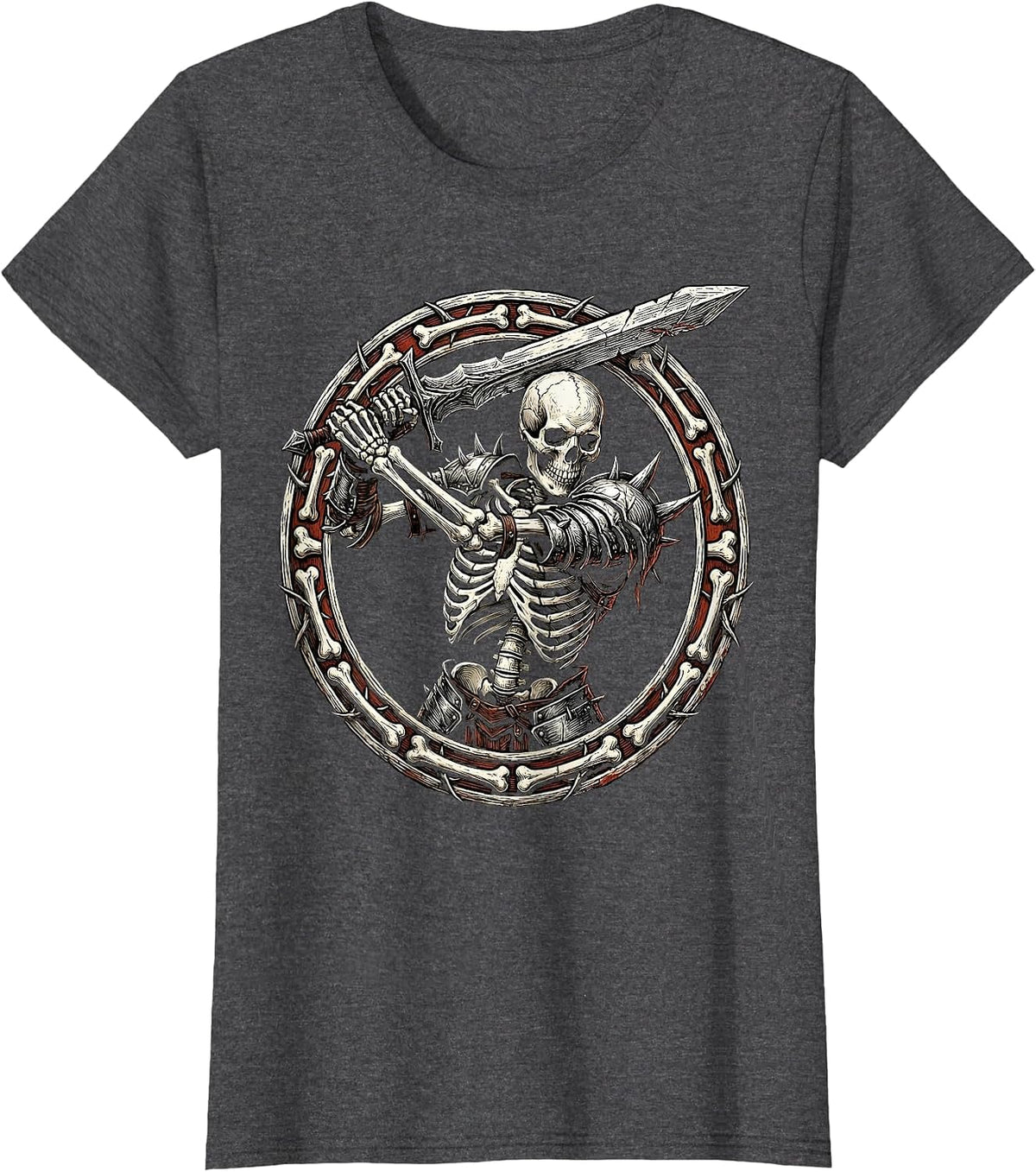 Women's Warrior Skeleton Broadsword Metal Graphic T-Shirt - Dark Heather Grey