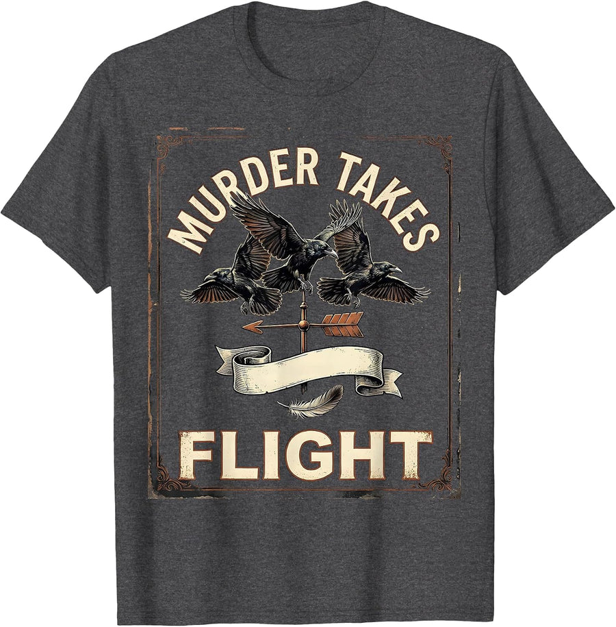 Men's Murder Takes Flight Vintage Dark Humor Crow Lover Gothic T-Shirt - Dark Heather Grey