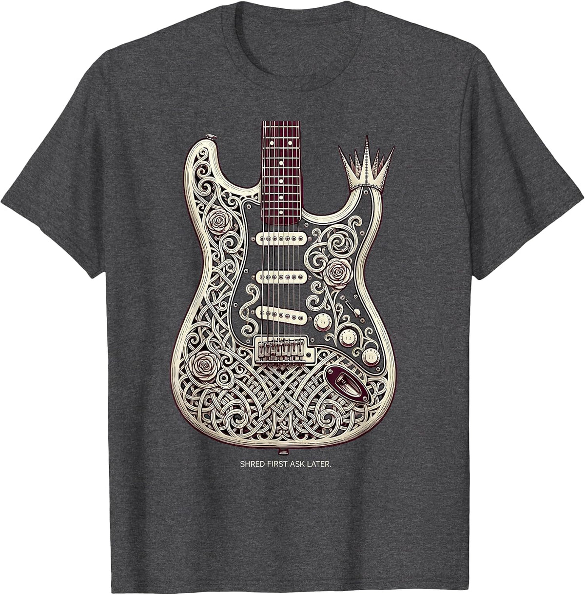 Men's Shred First Ask Later Heavy Metal Guitar Design T-Shirt - Dark Heather Grey