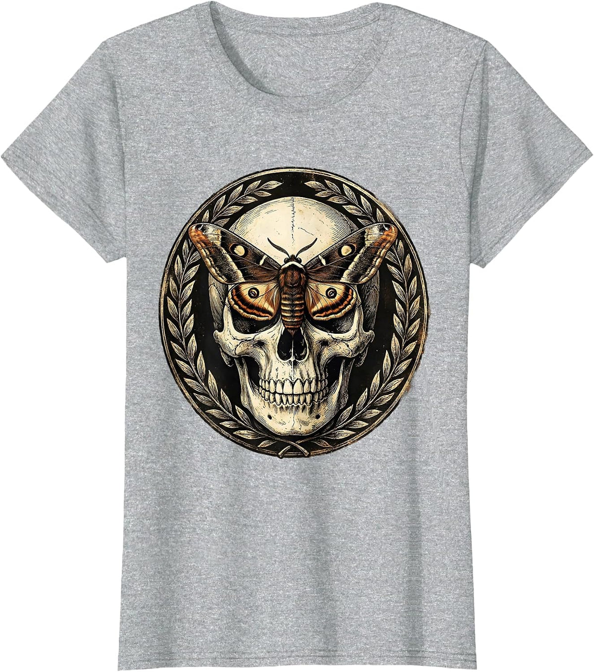 Skull and Moth Gothic Nature Illustration T-Shirt - Heather Grey