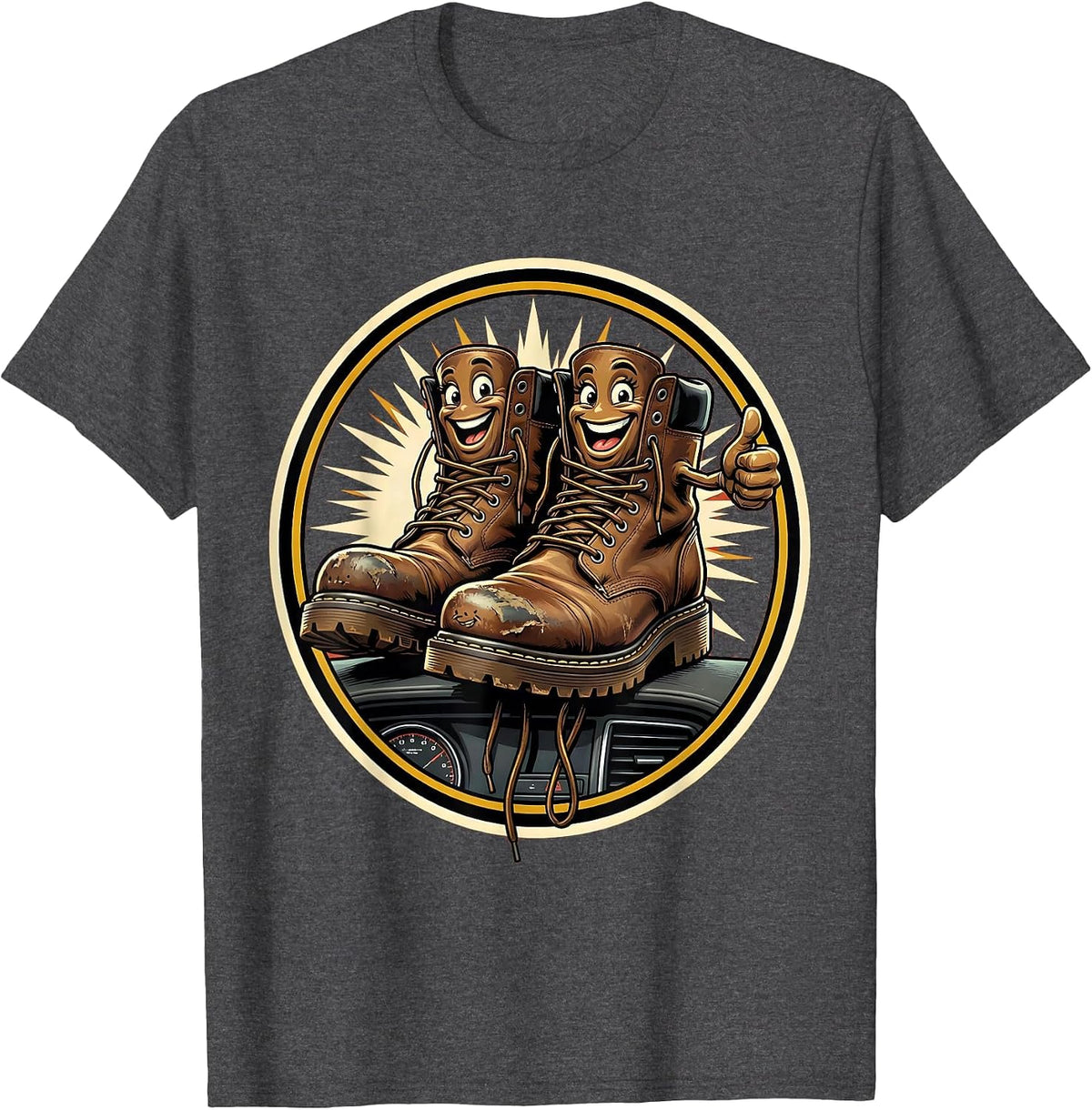 School Bus Driver Boots on Dashboard Graphic T-Shirt - Dark Heather Grey