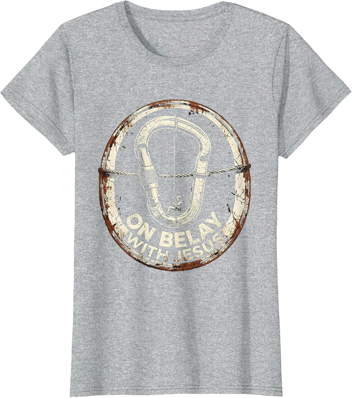 On Belay With Jesus Distressed Christian Climber Gift T-Shirt - Heather Grey