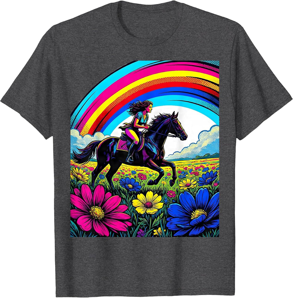 Rainbow Meadow Horse Rider Colorful Nature Art T-Shirt - Dark Heather Grey
