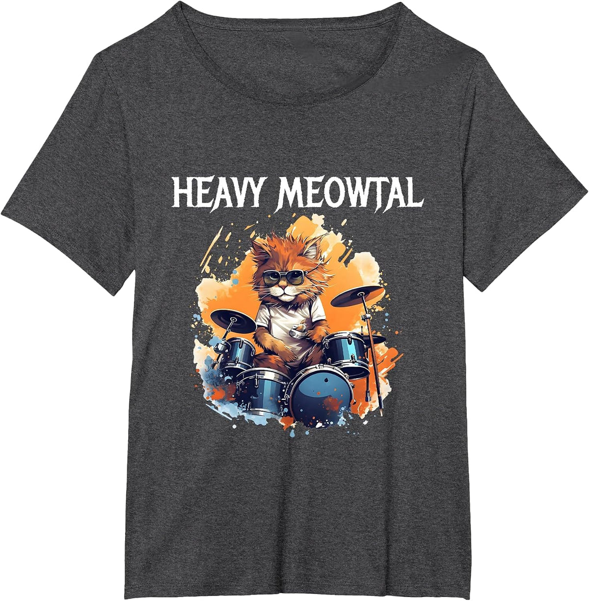 Heavy Metal Cat Drummer Cat Playing Drum Meowtal T-Shirt - Dark Heather Grey