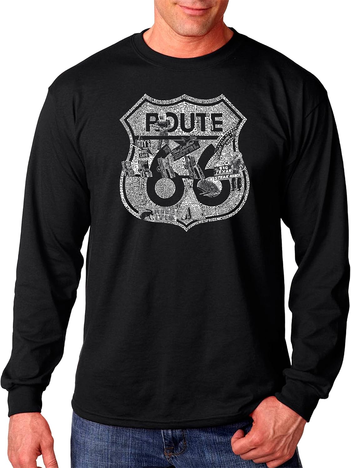 LA POP ART Men's Long Sleeve Word Art T-Shirt - Stops Along Route 66 - Black