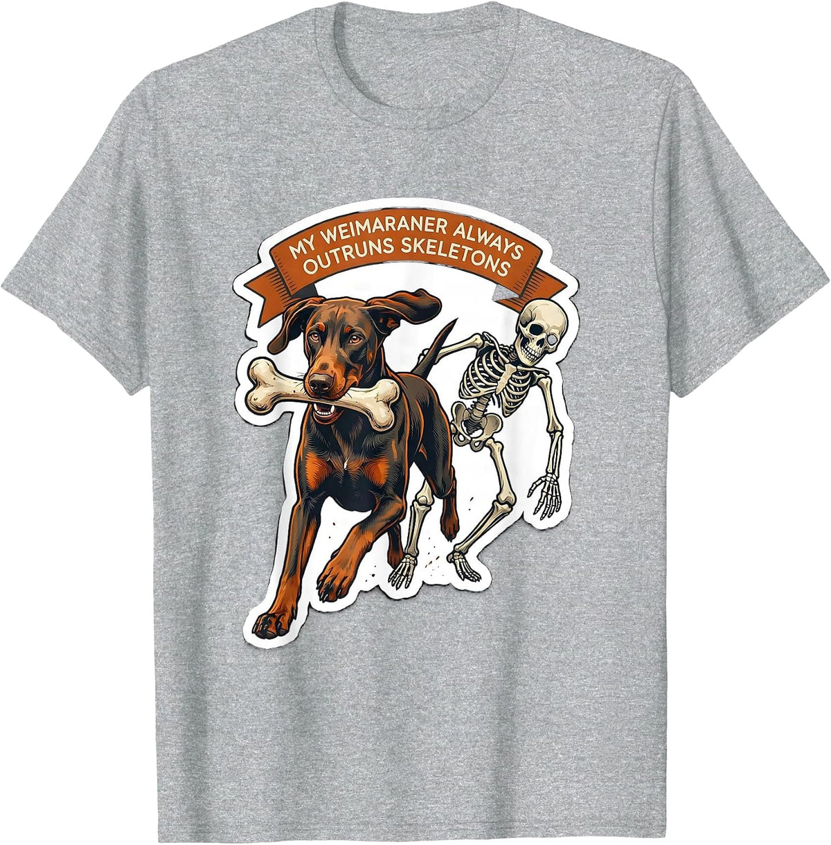 Men's My Weimaraner Always Outruns Skeletons Funny Halloween Dog T-Shirt - Heather Grey