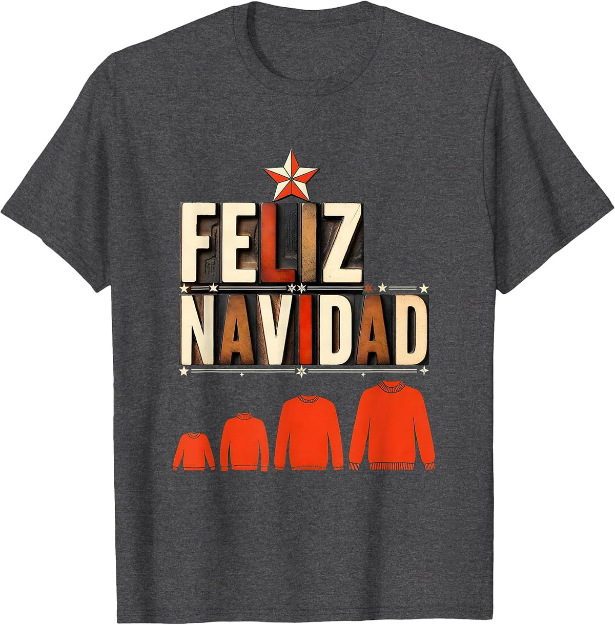 Feliz Navidad Wood Type Letterpress Spanish Mexican T-Shirt - Dark Heather Grey