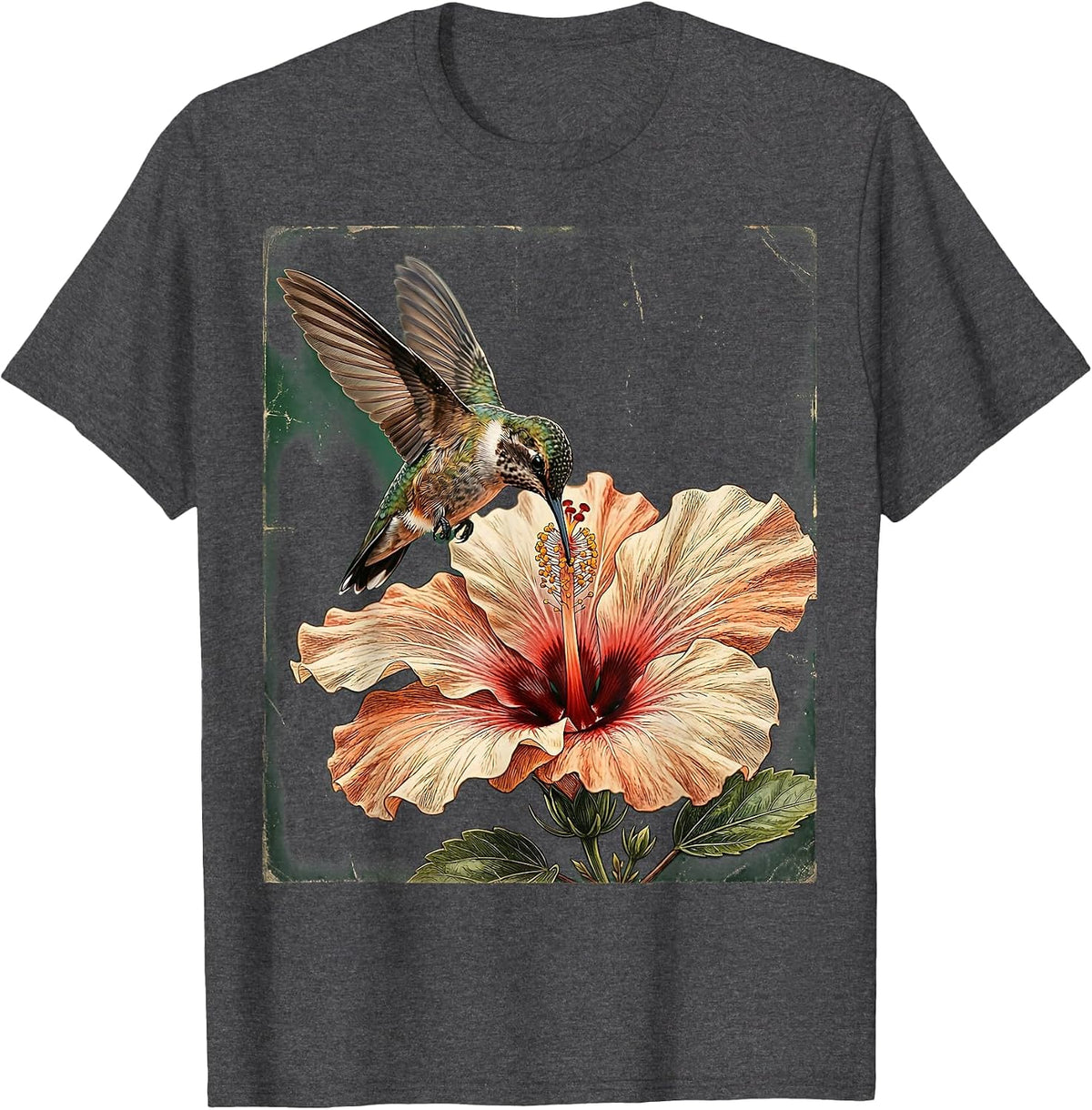 Hummingbird and Hibiscus Floral Illustration T-Shirt - Dark Heather Grey