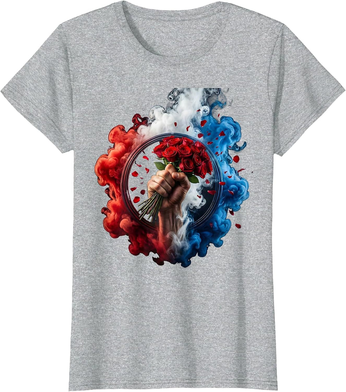 Women's Raised Fist Red Roses Patriotic Graphic Design T-Shirt - Heather Grey