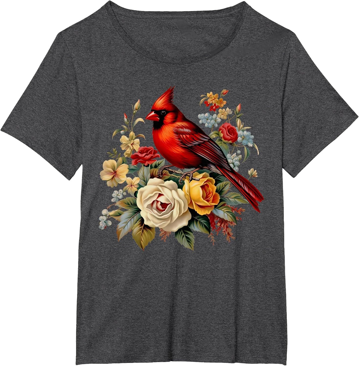 Red Cardinal Bird Roses Floral Nature Bird Watching T-Shirt - Dark Heather Grey