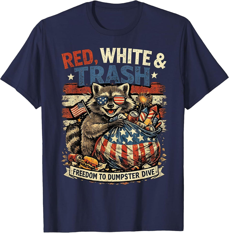 Funny Raccoon 4th of July Shirt Red White & Trash Patriotic T-Shirt - Navy Blue