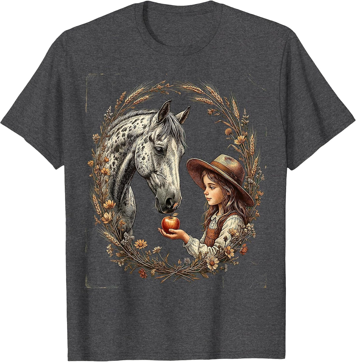 Girl Feeding Apple to Dappled Horse Illustration T-Shirt - Dark Heather Grey