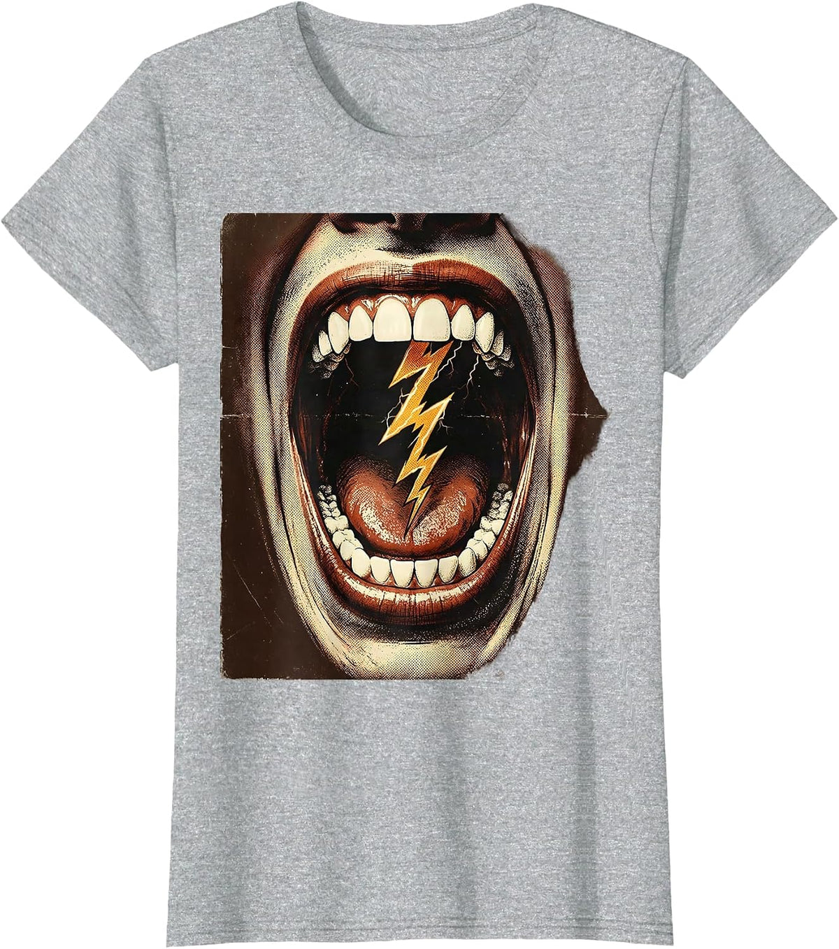 Rock Lightning Screaming Mouth Graphic Tee T-Shirt - Heather Grey