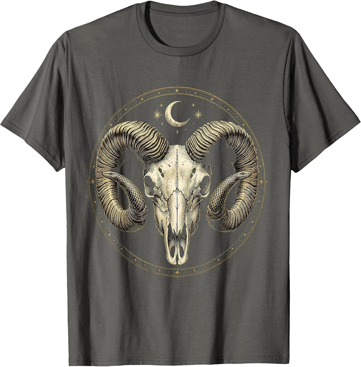 Massive Ram Skull Curling Horns Metal Graphic T-Shirt - Asphalt Grey