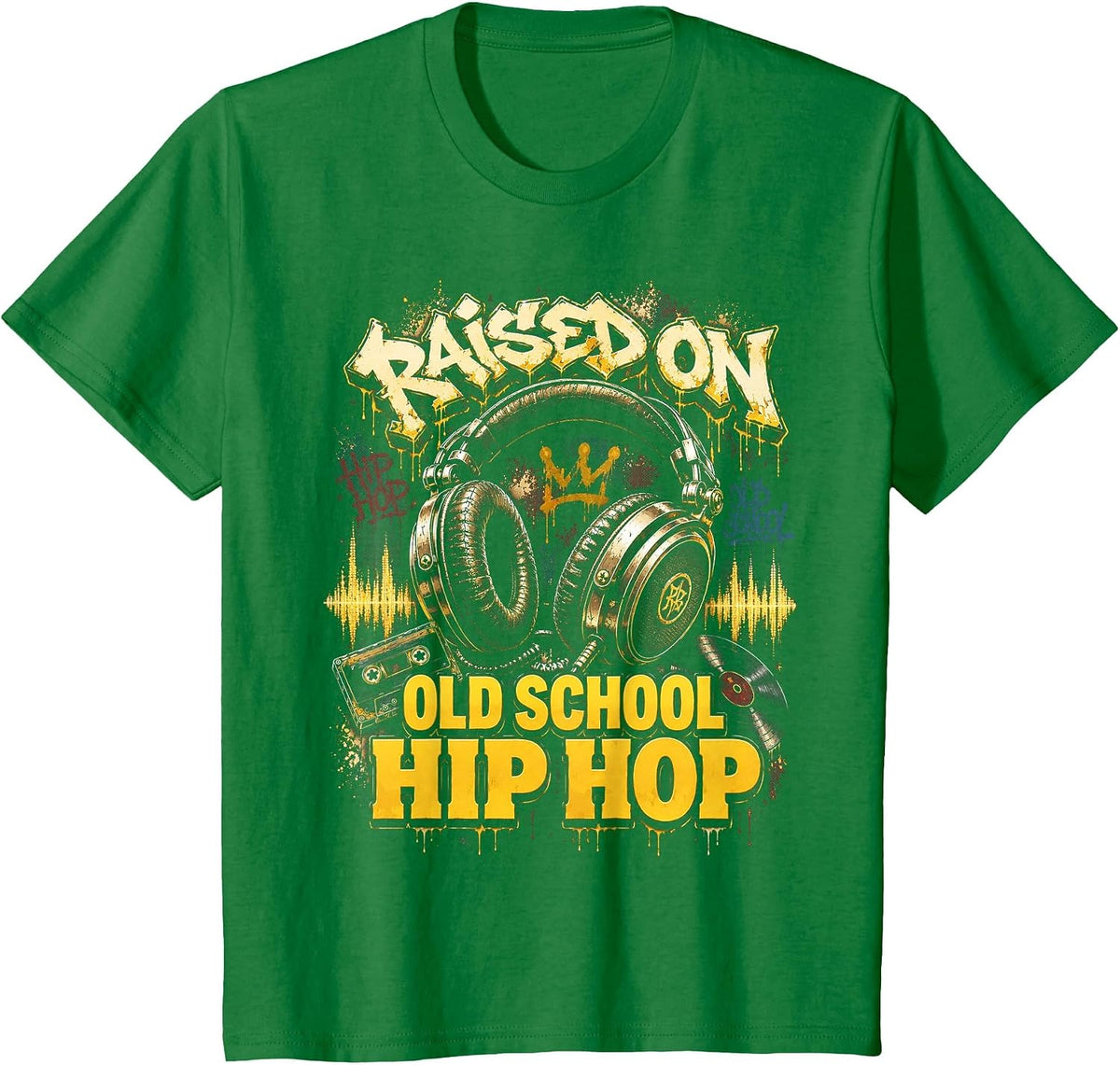 Raised On Old School Hip Hop Cassette Graffiti Rap T-Shirt, Youth, Kelly Green, Large - As Pictured