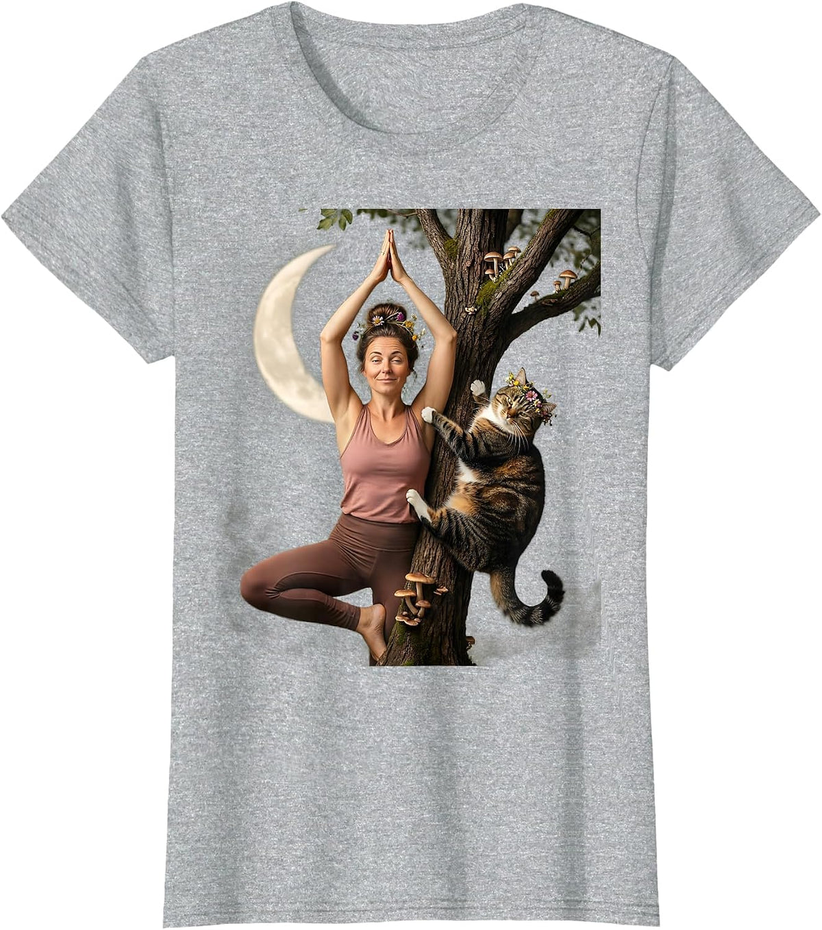Funny Yoga Cat Climbing Illustration Gift T-Shirt - Heather Grey