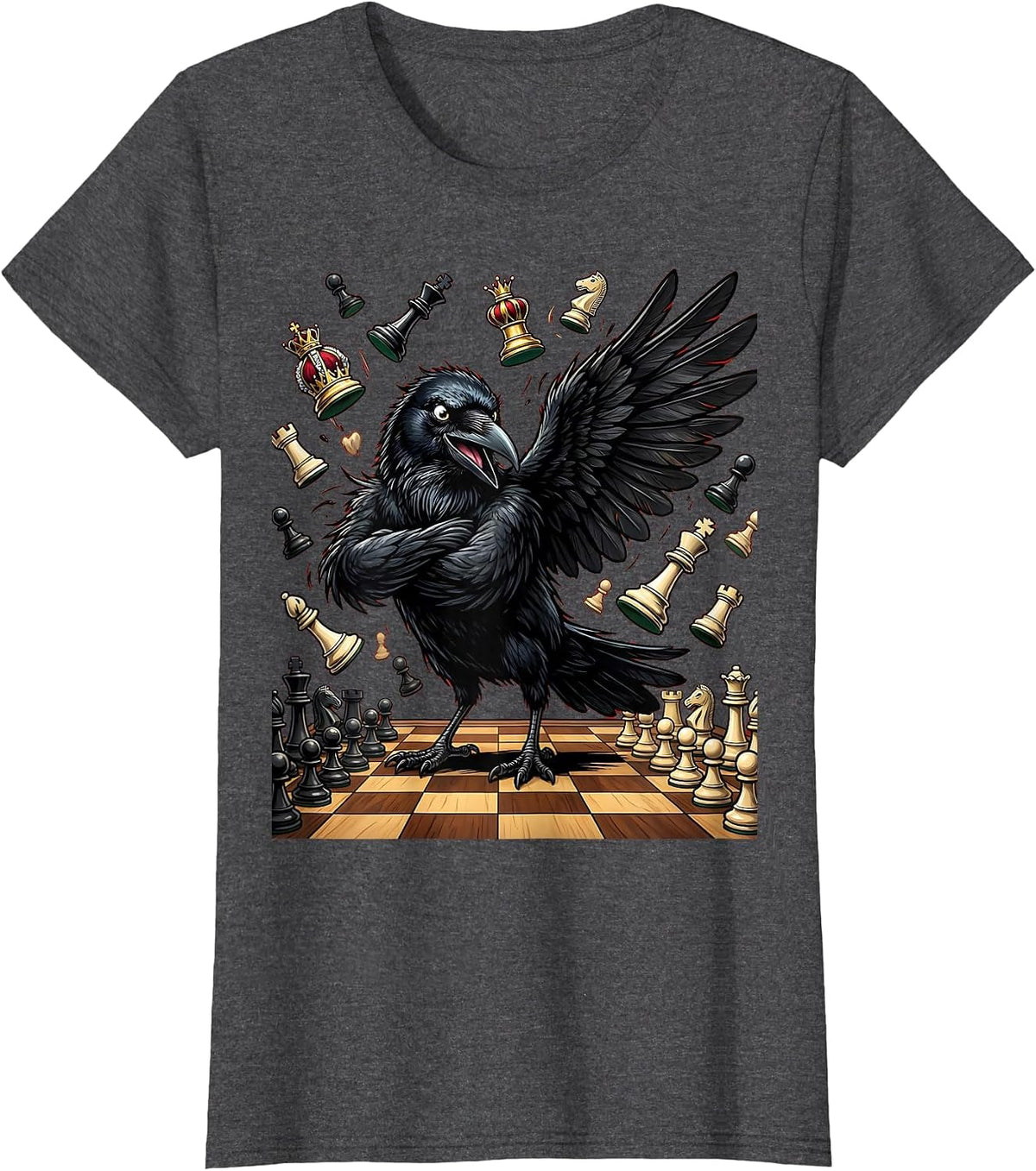 Women's Crow Knocking Chess Pieces Off Board T-Shirt - Dark Heather Grey