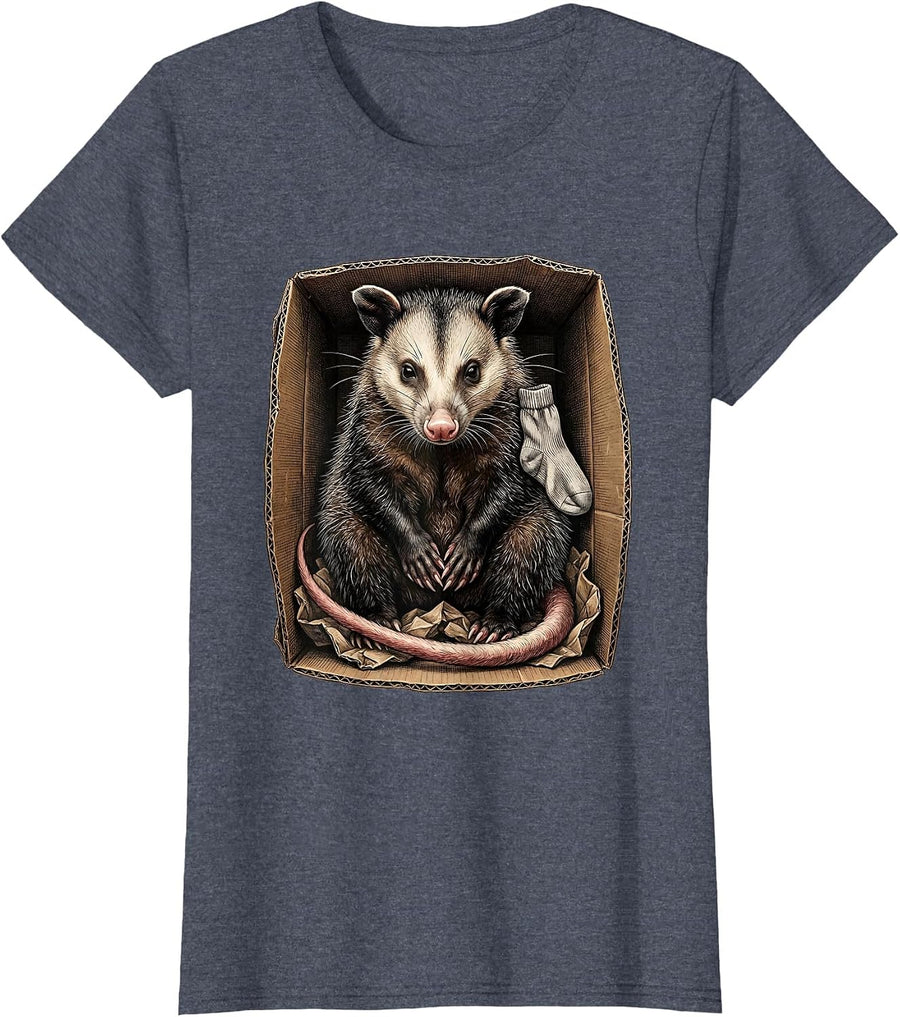 Opossum In Cardboard Funny Animal Meme Humor T-Shirt, Women, Heather Blue, Large - As Pictured