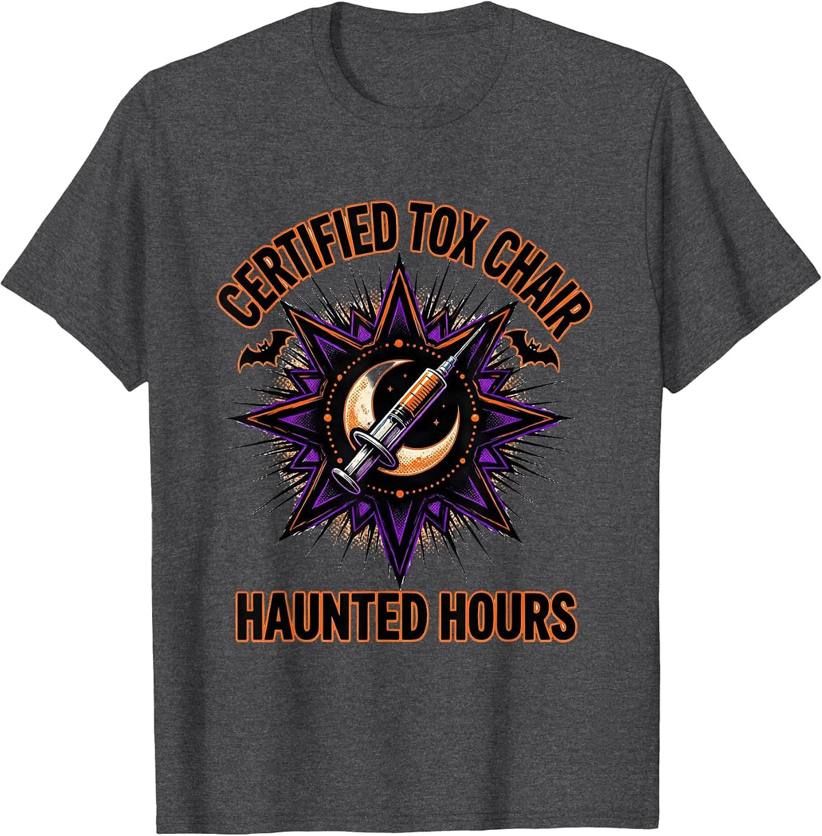 Men's Certified Tox Chair Haunted Hours Comic Book Halloween T-Shirt - Dark Heather Grey