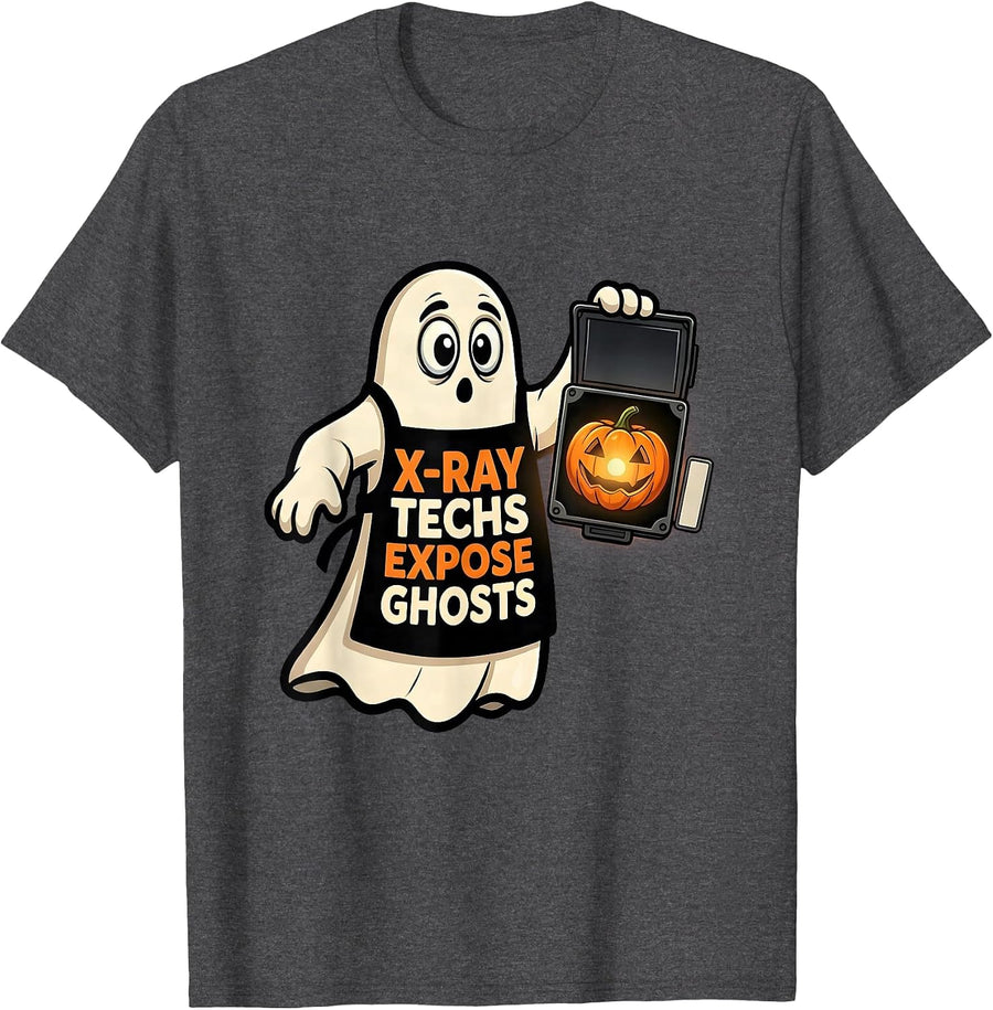 Men's X-Ray Techs Expose Ghosts Cartoon Radiology Tech Halloween T-Shirt - Dark Heather Grey