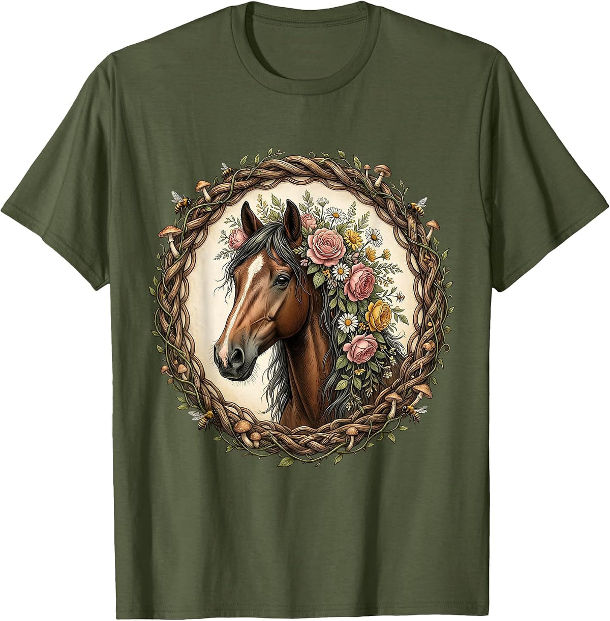 Floral Crown Thoroughbred Horse Derby Design T-Shirt - Olive Green