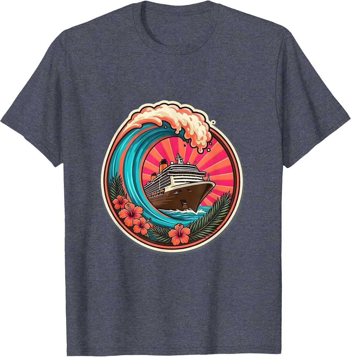 Men's Family Cruise Giant Wave Curling Ship Bow Graphic T-Shirt - Heather Blue