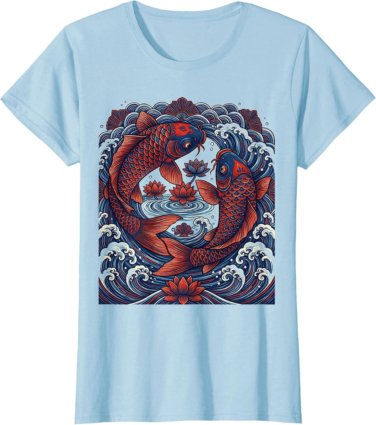 Koi Fish Japanese Wave Tattoo Art Design T-Shirt - Baby Blue