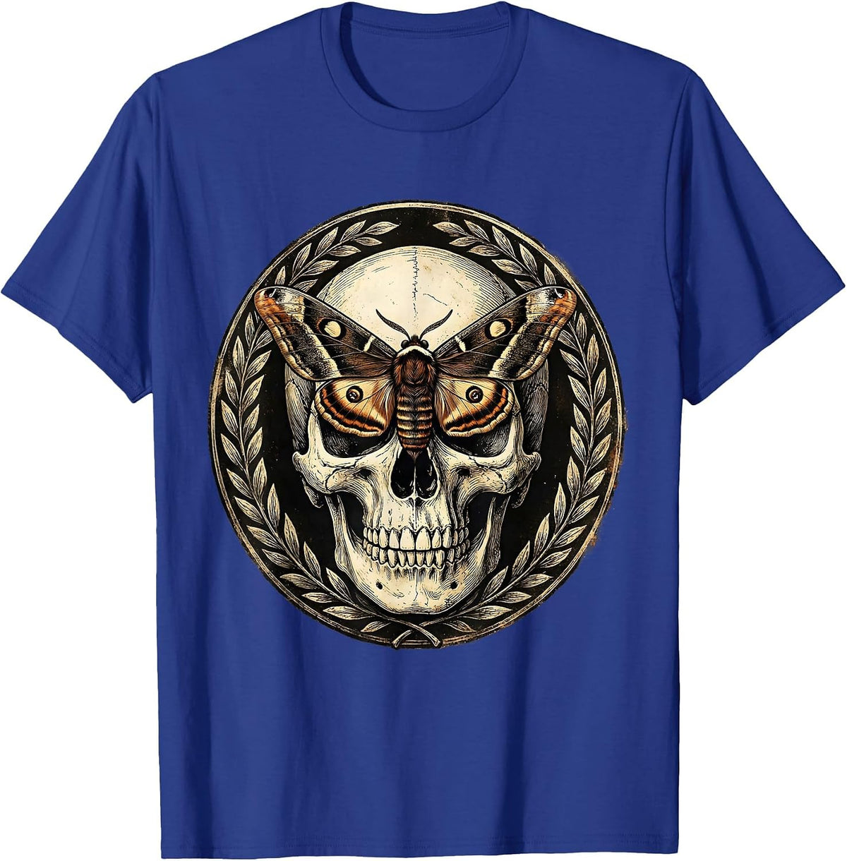 Skull and Moth Gothic Nature Illustration T-Shirt - Royal Blue