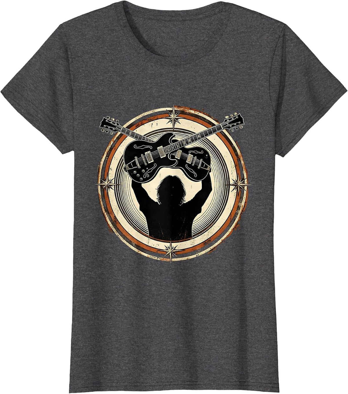 Women's Double-Neck Guitar Silhouette Rock Music Design T-Shirt - Dark Heather Grey