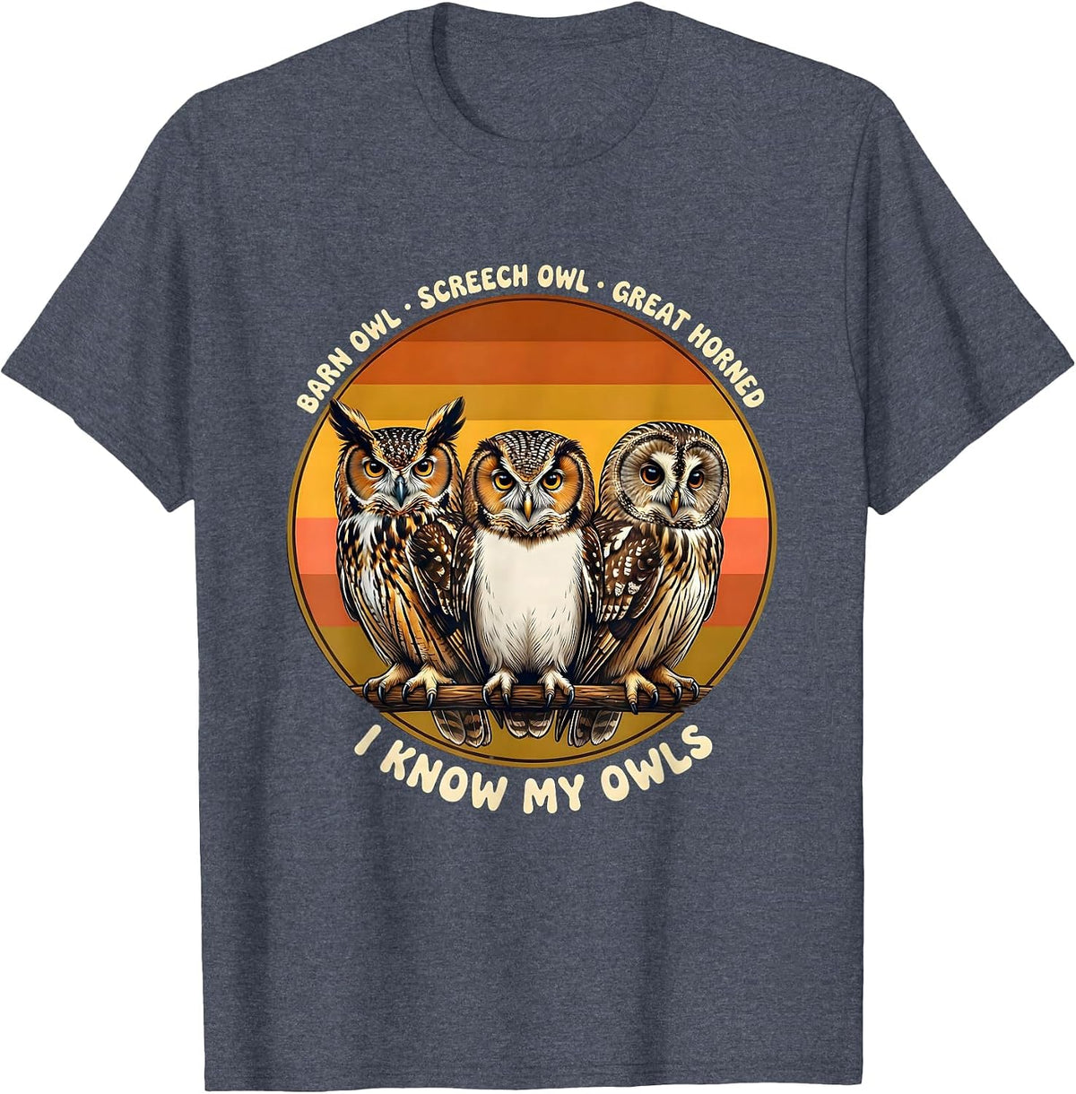 Barn Owl Screech Owl Great Horned I Know My Owls Retro T-Shirt - Heather Blue
