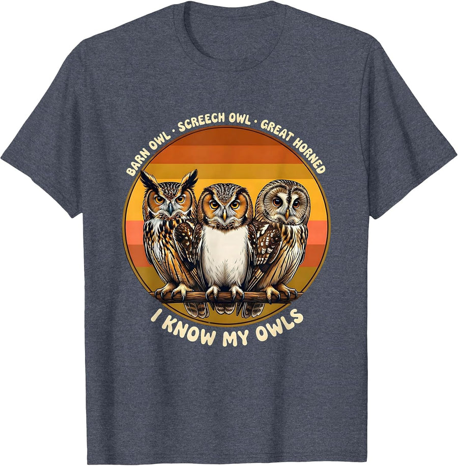 Barn Owl Screech Owl Great Horned I Know My Owls Retro T-Shirt - Heather Blue